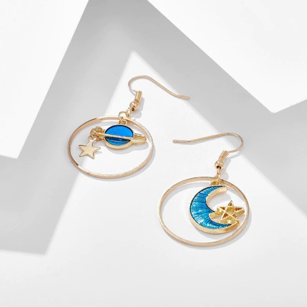 Celestial Moon & Saturn Dangle Earrings